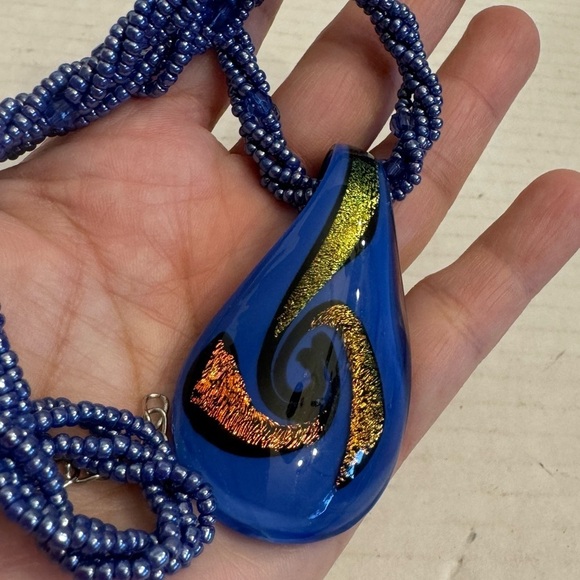 Art Glass Blue Hand Blown Glass Pendant With Seed Bead Multi-Strand Necklace - Picture 15 of 16